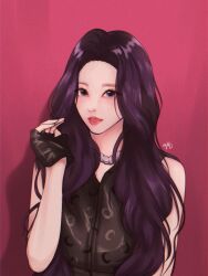 Rule 34 | 1girl, 2022, aespa, artist name, black gloves, black shirt, blush, fingerless gloves, gloves, grey eyes, highres, jewelry, k-pop, karina (aespa), long hair, looking at viewer, necklace, nunuseyo, open mouth, portrait, purple hair, real life, red background, red lips, shirt, sleeveless, sleeveless shirt, smile, solo