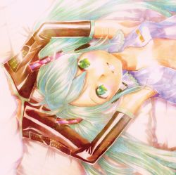 Rule 34 | 1girl, arms up, detached sleeves, green eyes, green hair, hatsune miku, highres, matching hair/eyes, mayo riyo, open clothes, open shirt, shirt, smile, solo, twintails, vocaloid