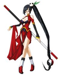 Rule 34 | 1girl, absurdly long hair, arc system works, black hair, blazblue, blazblue: calamity trigger, blue bra, blunt bangs, boots, bra, breasts, china dress, chinese clothes, cleavage, cleavage cutout, clothes lift, clothing cutout, dress, dress lift, female focus, full body, glasses, hair ornament, jpeg artifacts, lao jiu, large breasts, lingerie, lipstick, litchi faye ling, loincloth, long hair, makeup, mori toshimichi, official art, panda, ponytail, purple eyes, semi-rimless eyewear, side ponytail, simple background, sitting, smile, solo, staff, standing, turtleneck, underwear, very long hair, weapon, white background, yin yang