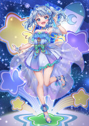 Rule 34 | 1girl, :d, absurdres, blue bow, blue dress, blue eyes, blue footwear, blue hair, bow, breasts, dress, faux figurine, flower, frilled dress, frills, gradient dress, green bow, highres, indie virtual youtuber, open mouth, purple dress, rocket, sandals, small breasts, smile, solo, standing, standing on one leg, star (symbol), tenton (henatyo), twintails, usui clear, virtual youtuber