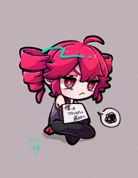 Rule 34 | 064mn, 1girl, ahoge, black footwear, boots, chibi, closed mouth, commentary, crossed arms, detached sleeves, drill hair, frown, full body, grey background, grey shirt, highres, indian style, kasane teto, pet shaming, red eyes, red hair, shadow, shirt, sign, signature, simple background, sitting, solo, spoken squiggle, squiggle, translated, twin drills, utau, v-shaped eyebrows