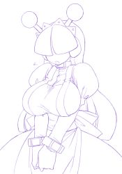 Rule 34 | 1girl, alternate breast size, apron, breasts, collar, dress, fuyube rion, hair over eyes, huge breasts, long hair, maid, maid apron, maid headdress, monochrome, purple theme, robot ears, solo, taut clothes, taut dress, tesse, waku waku 7