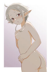 Rule 34 | 1girl, absurdres, ahoge, ass, blush, breasts, elf, highres, mushoku tensei, nipples, nude, open mouth, pointy ears, red eyes, simple background, sirokohi, small breasts, solo, sylphiette (mushoku tensei), tears, white hair