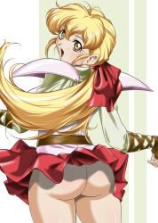 Rule 34 | 1girl, ass, belt, blonde hair, clothes lift, female focus, fortune quest, from behind, hair ribbon, highres, hikawadou, miniskirt, no panties, open mouth, pastel (fortune quest), ponytail, red ribbon, red skirt, ribbon, shoulder pads, skirt, skirt lift, solo, surprised, thighs, third-party edit, yellow eyes