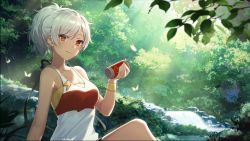 Rule 34 | 1girl, bare arms, bare shoulders, breasts, bug, butterfly, can, cleavage, collarbone, day, drink can, forest, girl cafe gun, highres, holding, insect, lida romero, light rays, long hair, looking at viewer, medium breasts, nature, official art, outdoors, ponytail, red eyes, shibano kaito, shirt, silver hair, sitting, sleeveless, sleeveless shirt, smile, soda can, solo, sunbeam, sunlight, sweatband, undershirt, white shirt