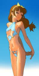 Rule 34 | 1girl, ^ ^, amanogawa kirara, armpits, arms behind back, bikini, bow, breasts, brown hair, c-string, closed eyes, clothing cutout, collarbone, cowboy shot, flat chest, go! princess precure, gradient background, hair bow, hairband, interlocked fingers, legs together, long hair, low-tied long hair, low ponytail, nadeara bukichi, navel, precure, shiny skin, simple background, small breasts, solo, standing, star cutout, strapless bottom, swimsuit, underboob, underboob cutout, wardrobe malfunction, yellow bow, yellow hairband