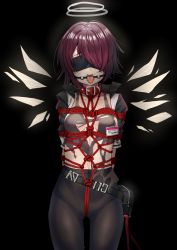 Rule 34 | arknights, bad id, bad pixiv id, bdsm, black gloves, bondage, bound, energy wings, exusiai (arknights), gloves, glowing, glowing wings, goyain, hair over eyes, hair over one eye, halo, highres, jacket, jewelry, pantyhose, red hair, restrained, rope, shibari, solo, toe ring, torn clothes, white jacket, wings