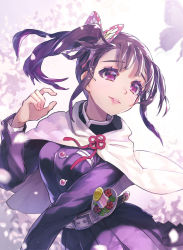 Rule 34 | 1girl, belt, breasts, bug, butterfly, butterfly hair ornament, capelet, commentary request, cowboy shot, eyeshadow, hair ornament, hand up, head tilt, insect, jacket, kimetsu no yaiba, long hair, long sleeves, makeup, medium breasts, parted lips, pink lips, pleated skirt, purple eyes, purple hair, purple jacket, purple skirt, side ponytail, sidelocks, skirt, solo, syuri22, tsuyuri kanao, white background, white belt, white capelet