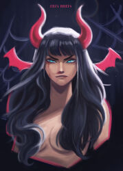 Rule 34 | 1girl, absurdres, artist name, blue eyes, blunt bangs, commentary, demon girl, english commentary, erza briefs, highres, horns, light smile, long hair, looking at viewer, nico robin, one piece, red horns, solo, upper body