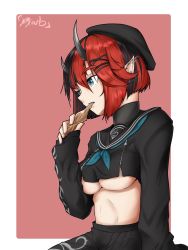 Rule 34 | 1girl, asamichiiart, beret, black hair, black hat, black serafuku, black skirt, blue eyes, blue neckerchief, breasts, commentary request, cowboy shot, demon girl, demon horns, ear piercing, earrings, eating, hair between eyes, hair ornament, hat, highres, holding, horns, jewelry, large breasts, long sleeves, looking afar, looking at viewer, middle finger, multicolored hair, nanashi inc., neckerchief, official alternate costume, open mouth, piercing, pink background, pleated skirt, pointy ears, red hair, ryugasaki rene, ryugasaki rene (3rd costume), school uniform, serafuku, short hair, signature, skirt, solo, sugar lyric, two-tone background, two-tone hair, underboob, virtual youtuber, white background, x hair ornament