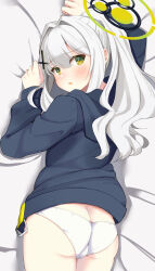 Rule 34 | 1girl, absurdres, ass, bed sheet, black hoodie, blue archive, blush, butt crack, commentary request, from behind, green eyes, green halo, halo, hare (blue archive), highres, hood, hood down, hoodie, long hair, long sleeves, looking at viewer, looking back, lying, no pants, on bed, on stomach, open mouth, panties, ponytail, sabakan kandume, sheet grab, solo, underwear, white hair, white panties