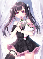 Rule 34 | 1girl, bare shoulders, black bow, black dress, black hair, black nails, black sleeves, black thighhighs, blush, bouquet, bow, breasts, commentary request, curtains, detached sleeves, dress, flower, frilled dress, frills, hair bow, hair ornament, heart, heart hair ornament, highres, holding, holding flower, kohinata hoshimi, long hair, looking at viewer, medium breasts, multicolored hair, nail polish, original, pink flower, pink hair, pink rose, puffy short sleeves, puffy sleeves, red eyes, rose, short sleeves, single thighhigh, sleeveless, sleeveless dress, solo, thighhighs, twintails, two-tone hair, very long hair, white bow