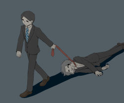 Rule 34 | absurdres, avogado6, black hair, black jacket, black pants, blue neckwear, brown footwear, closed eyes, closed mouth, commentary request, dragging, grey background, grey hair, highres, jacket, lying, necktie, necktie grab, neckwear grab, on side, original, pants, shirt, shoes, simple background, smile, striped neckwear, white shirt