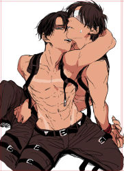 Rule 34 | 2boys, abs, arms behind back, back, bad id, bad pixiv id, bandages, bdsm, belt, black hair, bondage, bound, brown hair, brown pants, chiaki (asaaaaa), covered eyes, eren yeager, grey eyes, hands on another&#039;s head, hug, hug from behind, kneeling, levi (shingeki no kyojin), looking at viewer, male focus, multiple boys, nipples, open mouth, pants, shingeki no kyojin, topless male, sitting, sweatdrop, three-dimensional maneuver gear, white background, yaoi