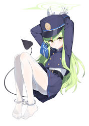 Rule 34 | 1girl, absurdres, ass, belt, black belt, black hat, black jacket, black skirt, black tail, blue archive, blush, closed mouth, cuffs, demon tail, full body, green hair, green halo, halo, hat, highres, hikari (blue archive), isocha, jacket, long hair, long sleeves, looking at viewer, no shoes, pantyhose, peaked cap, pleated skirt, restrained, shackles, simple background, skirt, solo, tail, toes, white background, white pantyhose, yellow eyes