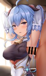 Rule 34 | 1boy, 1girl, ahoge, armpit sex, armpits, arms behind head, arms up, bar censor, bare shoulders, bell, blue hair, blush, bodystocking, bodysuit, breasts, brown bodysuit, censored, covered navel, cowbell, detached sleeves, erection, ganyu (genshin impact), genshin impact, goat horns, hetero, highres, horns, large breasts, long hair, looking at viewer, penis, penis under another&#039;s clothes, purple eyes, renetan