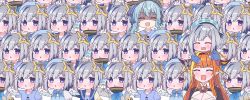 Rule 34 | 6+girls, ahoge, amane kanata, angel wings, armband, blonde hair, blue bow, blue eyes, blue hair, blue headwear, blue shirt, blush, bow, braid, breasts, cleavage, clone, closed eyes, colored inner hair, diagonal-striped bow, dragon horns, fang, grey headwear, hair between eyes, hair ornament, hairband, hand on another&#039;s head, headpat, highres, hololive, horn bow, horn ornament, horns, hoshimachi suisei, jacket, jewelry, kiryu coco, kiryu coco (1st costume), kukie-nyan, large breasts, long hair, long sleeves, magical girl, multicolored hair, multiple girls, one side up, open clothes, open jacket, open mouth, orange hair, pointy ears, puffy short sleeves, puffy sleeves, purple eyes, sailor collar, school uniform, shirt, short hair, short sleeves, silver hair, single braid, skin fang, smile, two-tone hair, virtual youtuber, white background, white sailor collar, white shirt, wing collar, wings