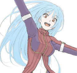Rule 34 | 1girl, arm up, armband, blue hair, coelacanth (gyotaku), kula diamond, long hair, open mouth, orange eyes, simple background, smile, solo, teeth, the king of fighters, tongue, upper body, waving, white background, zipper