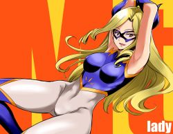 Rule 34 | 10s, 1girl, :d, armpits, arms up, bare shoulders, blonde hair, bodysuit, boku no hero academia, breasts, character name, covered navel, domino mask, drill hair, gloves, happy, horns, kurose kousuke, long hair, looking at viewer, mask, medium breasts, mount lady, navel, open mouth, purple eyes, red background, skin tight, sleeveless, smile, solo, superhero costume, thighhighs, tongue, yellow background