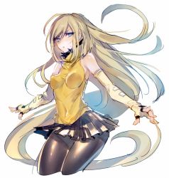 Rule 34 | 1girl, adapted costume, bare shoulders, black pantyhose, blonde hair, blouse, blue eyes, commentary request, elbow gloves, fingerless gloves, gloves, guilty gear, guilty gear xrd, long hair, millia rage, oro (sumakaita), pantyhose, shirt, skirt, sleeveless, sleeveless shirt, solo, very long hair, yellow shirt