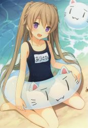 Rule 34 | :d, absurdres, ao no kanata no four rhythm, arisaka mashiro, barefoot, beach, black one-piece swimsuit, brown hair, character name, collarbone, day, feet, from above, full body, hair between eyes, highres, innertube, looking at viewer, one-piece swimsuit, open mouth, outdoors, scan, school swimsuit, sitting, smile, swim ring, swimsuit, toes, transparent, twintails, water