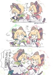 Rule 34 | 2girls, anger vein, animal ear headphones, animal ears, blonde hair, blue archive, blue necktie, bow, cat tail, collared shirt, fake animal ears, green bow, green halo, hair bow, halo, handheld game console, headphones, highres, holding, holding handheld game console, jacket, long sleeves, midori (blue archive), momoi (blue archive), motion lines, multiple girls, naguru (cyoroama), necktie, pink halo, playing games, red bow, shirt, short hair, siblings, sisters, tail, translation request, twins, twitter username, white jacket, white shirt