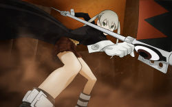 Rule 34 | 00s, 1girl, blonde hair, cape, fighting stance, foreshortening, highres, holding, holding weapon, legs, long sleeves, looking at viewer, maka albarn, polearm, scythe, shorts, solo, soul eater, standing, twintails, wallpaper, weapon