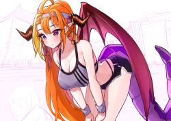 Rule 34 | 1girl, absurdres, ahoge, bare shoulders, blonde hair, bow, breasts, cleavage, dragon girl, dragon horns, dragon tail, dragon wings, headband, highres, hololive, horn bow, horn ornament, horns, kiryu coco, large breasts, leaning forward, long hair, multicolored hair, orange hair, pointy ears, ponytail, red eyes, ryoshi, solo, sportswear, standing, streaked hair, sweat, tail, virtual youtuber, wings