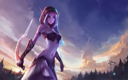 Rule 34 | 1girl, armband, armor, bikini armor, chenbo, cloud, elf, forest, highres, knife, lips, looking at viewer, multicolored hair, nature, navel, outdoors, pointy ears, purple hair, signature, sky, smile, solo, standing, torii, tree, wallpaper, warcraft, warrior, weapon, white hair, world of warcraft