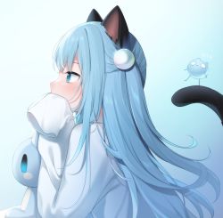 Rule 34 | 1girl, amashiro natsuki, animal ears, blue eyes, blue hair, blush, cat ears, cat girl, cat tail, from side, gradient background, hair ornament, hands up, highres, long hair, long sleeves, nekoha shizuku, original, profile, shirt, sleeves past fingers, sleeves past wrists, solo, striped, stuffed animal, stuffed cat, stuffed toy, tail, white shirt
