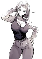 Rule 34 | 1girl, adjusting hair, android 18, aqua eyes, belt, belt buckle, black shirt, breasts, buckle, character name, cleavage, commentary, contrapposto, denim, dragon ball, dragonball z, earrings, expressionless, hand on own hip, high-waist pants, highres, hoop earrings, jeans, jewelry, large breasts, long sleeves, medium hair, monochrome, pants, shirt, simple background, sketch, solo, spot color, takatsuki ichi, thick thighs, thighs, tight clothes, tight pants, white hair, white sleeves, wide hips