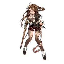 Rule 34 | 1girl, bolt action, braid, brown hair, damaged, full body, girls&#039; frontline, gloves, gun, hair ornament, hairband, holding, holding gun, holding weapon, lee-enfield, lee-enfield (girls&#039; frontline), lee-enfield (huntress&#039; frock) (girls&#039; frontline), long hair, looking at viewer, low-tied long hair, official alternate costume, one eye closed, pantyhose, ribbon, rifle, solo, thighhighs, torn clothes, torn legwear, transparent background, weapon, white background, white gloves