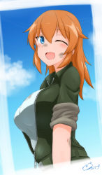 Rule 34 | 1girl, absurdres, blouse, blue eyes, blush, breasts, charlotte e. yeager, dirty, dirty clothes, dirty face, green jacket, highres, jacket, kukoroko, large breasts, long hair, looking at viewer, one eye closed, open mouth, orange hair, shirt, smile, solo, strike witches, track jacket, white shirt, world witches series