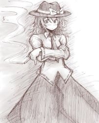 Rule 34 | 1girl, bow, cigarette, crossed arms, dress, expressionless, female focus, ghostly field club, greyscale, hat, monochrome, necktie, renko, ribbon, solo, touhou, usami renko