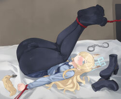 Rule 34 | 1girl, absurdres, animal ears, ass, black pantyhose, blonde hair, blue archive, blue eyes, blush, boots, boots removed, bound ankles, bulge, cameltoe, chuck (harfmoondark), cuffs, feet, futanari, hair over one eye, handcuffs, highres, kanna (blue archive), legs, long hair, lying, necktie, no shoes, on back, paid reward available, pantyhose, pencil skirt, restrained, skirt, soles, solo, toes, torn clothes