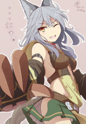 Rule 34 | 10s, 1girl, animal ears, blush, braid, claw (weapon), claws, dated, erune, eyebrows, fang, gloves, granblue fantasy, grey hair, long hair, looking at viewer, one eye closed, open mouth, red eyes, sen (granblue fantasy), single braid, smile, solo, tri, very long hair, weapon