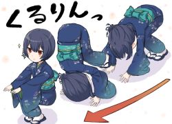 Rule 34 | 1girl, all fours, arrow (symbol), black hair, blue footwear, blue kimono, blush stickers, closed mouth, commentary request, doyagao, engiyoshi, floral print, hair between eyes, headstand, highres, idolmaster, idolmaster shiny colors, japanese clothes, kimono, long sleeves, looking away, morino rinze, multiple views, obi, print kimono, red eyes, rolling, sandals, sash, short hair, smile, smug, socks, sparkle, tabi, translation request, white background, white legwear, wide sleeves, zouri