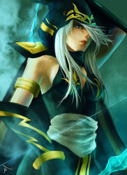 Rule 34 | 1girl, arm up, armlet, ashe (league of legends), blue eyes, bow (weapon), cape, elesis08099, gauntlets, league of legends, lips, long hair, signature, solo, weapon, white hair