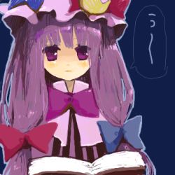 Rule 34 | 1girl, blue background, book, bow, collar, crescent, female focus, hair bow, hat, looking at viewer, lowres, mob cap, open book, patchouli knowledge, purple eyes, purple hair, rin (artist), rin (royal), sidelocks, simple background, solo, speech bubble, striped, talking, text focus, touhou, upper body, vertical stripes