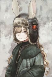 Rule 34 | 1girl, animal ears, black sweater, coat, commentary, fur-trimmed headwear, fur hat, fur trim, green coat, grey background, grey eyes, hair over one eye, hat, highres, hotateyuki, light brown hair, long hair, looking at viewer, open clothes, open coat, original, parted lips, rabbit ears, smile, solo, sweater, symbol-only commentary, turtleneck, turtleneck sweater, upper body, ushanka, wavy hair