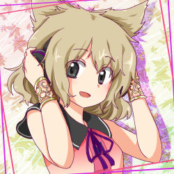 Rule 34 | 1girl, bracelet, female focus, gimicalmas, gradient background, grey eyes, hands on headphones, head tilt, headphones, jewelry, leaf, light brown hair, looking at viewer, lowres, maple leaf, open mouth, shadow, sleeveless, solo, touhou, toyosatomimi no miko, upper body