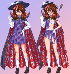 Rule 34 | before and after, black footwear, bolo tie, bow, bra, breasts, brown hair, cape, cloak, clothes writing, dual persona, fedora, floating cape, glasses, gloves, hat, hat bow, high collar, highres, kumaori, low twintails, panties, plaid, plaid skirt, plaid vest, purple vest, red-framed eyewear, runes, school uniform, semi-rimless eyewear, shoes, short hair, simple background, skirt, small breasts, socks, torn clothes, touhou, twintails, under-rim eyewear, underwear, usami sumireko, vest, white background, white bra, white legwear, white panties