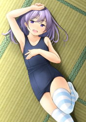 Rule 34 | 1girl, :d, arm up, bare arms, bare shoulders, blue one-piece swimsuit, collarbone, commentary request, feet, hair between eyes, highres, knee up, long hair, looking at viewer, lying, no shoes, old school swimsuit, on back, on floor, one-piece swimsuit, open mouth, original, purple eyes, purple hair, school swimsuit, shibacha, smile, solo, striped clothes, striped thighhighs, swimsuit, tatami, teeth, thighhighs, upper teeth only