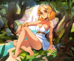 Rule 34 | 1girl, bare legs, bare shoulders, barefoot, blonde hair, bracelet, braid, breasts, collarbone, commentary, crown braid, dress, english commentary, feet, full body, grass, green eyes, hair ornament, hairclip, hand on own knee, jewelry, legs, looking at viewer, medium breasts, medium hair, nature, nintendo, parted bangs, parted lips, pointy ears, princess zelda, river, sitting, soles, solo, squeezable (squeezabledraws), the legend of zelda, the legend of zelda: breath of the wild, the legend of zelda: tears of the kingdom, thick eyebrows, toes, tree, water, white dress