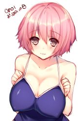 Rule 34 | 1girl, :3, blush, breasts, brown eyes, cleavage, competition school swimsuit, dated, covered erect nipples, itou nanami, large breasts, one-piece swimsuit, original, pink hair, school swimsuit, short hair, solo, swimsuit, tank top, upper body