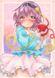 Rule 34 | 1girl, absurdres, blouse, blush, border, embarrassed, frilled skirt, frilled sleeves, frills, frown, full-face blush, gradient background, hairband, heart, heart background, heart of string, highres, komeiji satori, looking at viewer, marker (medium), purple hair, red eyes, shirt, short hair, skirt, sleeves past wrists, solo, third eye, touhou, traditional media, yuuki chima
