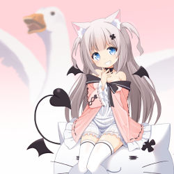 Rule 34 | 1girl, animal ear fluff, animal ears, arm behind back, bird, black bow, black choker, blue eyes, blush, bow, bow choker, cat-shaped pillow, character request, choker, demon tail, demon wings, dress, dress bow, frilled dress, frills, grey hair, hair ornament, hairpin, hand up, knees together feet apart, long hair, long sleeves, looking at viewer, mogura2009, multicolored clothes, multicolored dress, off shoulder, original, pink dress, sitting, smile, solo, swan, tail, teeth, thighhighs, two side up, very long hair, virtual youtuber, white dress, white thighhighs, wide sleeves, wings, zettai ryouiki