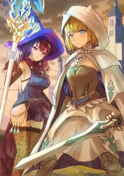 Rule 34 | 2girls, absurdres, armor, armpits, belt, black hair, black thighhighs, blonde hair, blue dress, blue eyes, breasts, brown dust 2, castle, chest armor, cleavage, cloak, closed mouth, demon horns, detached sleeves, dress, eyebrows hidden by hair, feet out of frame, floral print, greaves, hair between eyes, hat, highres, holding, holding staff, hood, hooded cloak, horns, jewelry, justia (brown dust), large breasts, large hat, legs apart, looking at viewer, mage staff, medium breasts, medium hair, multiple girls, necklace, no panties, pearl necklace, scheherazade (brown dust), scheherazade (magical school professor) (brown dust), skirt, sleeveless, sleeveless dress, small horns, smile, staff, sunset, thighhighs, vambraces, waist cape, weapon, white skirt, witch hat, yashipom