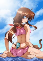Rule 34 | 1girl, aged up, alternate hair length, alternate hairstyle, ass, bare shoulders, barefoot, between buttocks, blue eyes, blush, breasts, brown hair, cameltoe, cat, feet, from behind, hair ribbon, highres, large breasts, lyrical nanoha, mahou shoujo lyrical nanoha innocent, stern the destructor, panties, ponytail, ribbon, shiny skin, sideboob, sitting, smile, solo, stern the destructor, swimsuit, tappa (esperanza), underwear, wariza