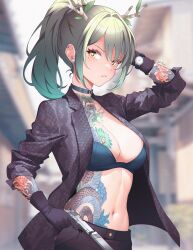 Rule 34 | 1girl, alternate costume, alternate hairstyle, antlers, arm up, black gloves, black jacket, black pants, blue bra, blue choker, blurry, blurry background, bra, breasts, ceres fauna, choker, cleavage, commentary, ear piercing, earrings, english commentary, flower tattoo, frown, gloves, green hair, gun, hair intakes, high ponytail, highres, holding, holding gun, holding weapon, hololive, hololive english, horns, jacket, jewelry, leaf, looking at viewer, medium breasts, medium hair, mole, mole under eye, navel, no shirt, open clothes, open jacket, pants, parted lips, piercing, ponytail, print jacket, sidelocks, sideways glance, signature, sk jynx, sleeves pushed up, snake tattoo, solo, stomach, stud earrings, tattoo, trigger discipline, underwear, virtual youtuber, watch, weapon, wristwatch, yakuza, yellow eyes